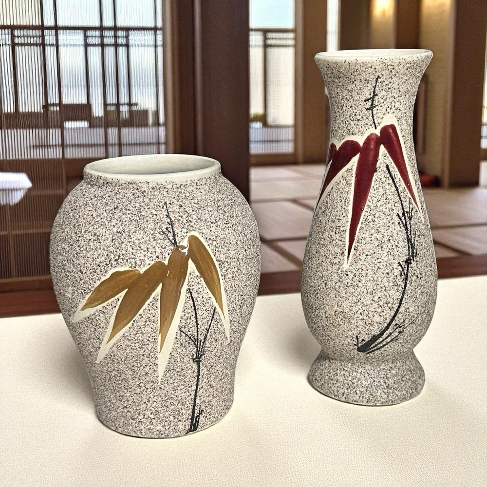 Speckled Ceramic Vase Gray Bamboo Sand Textured Stoneware Asian Decor SET OF 2